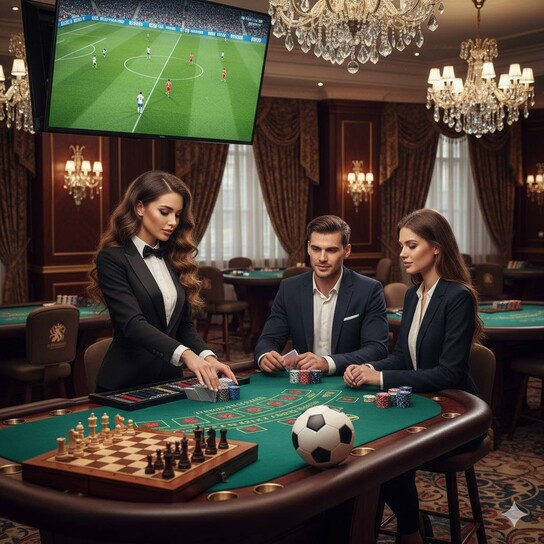 Luxurious online casino background with slot machines and chips